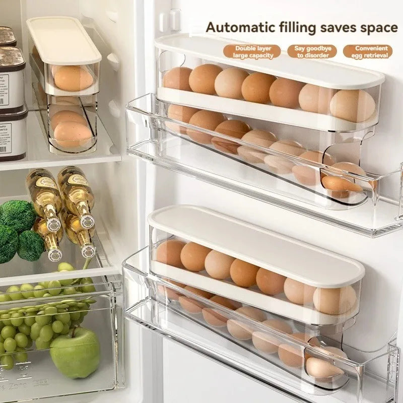 Stackable Refrigerator Egg Storage Box – Large Capacity, Anti-Fall Design with Automatic Rolling Feature for Kitchen Use