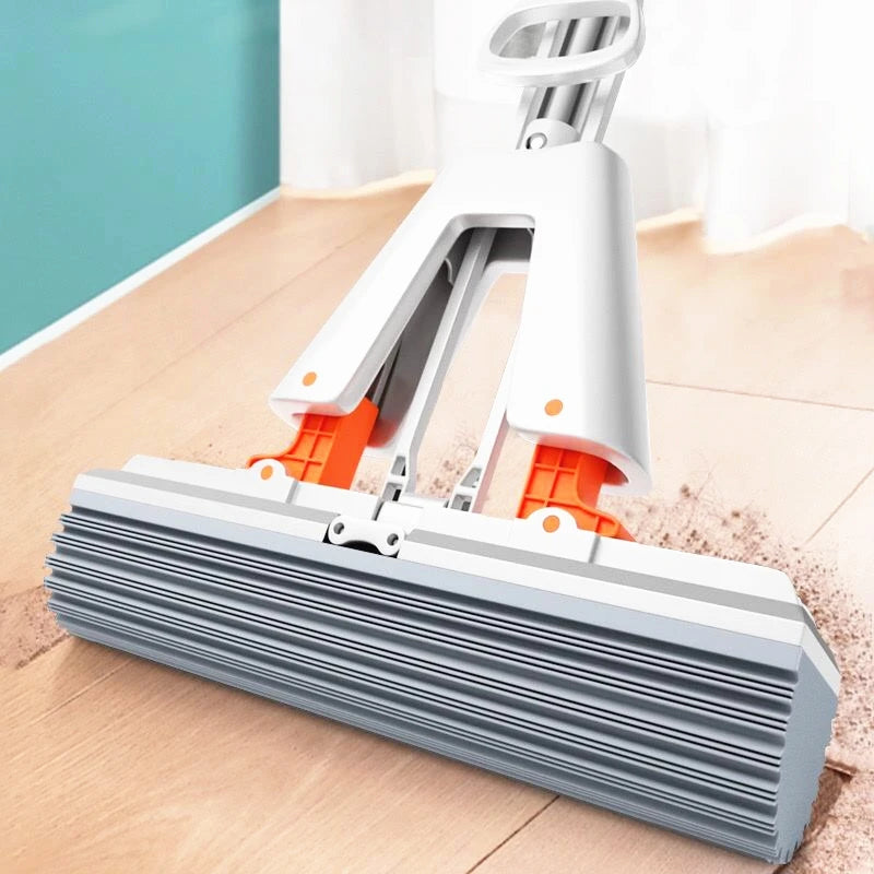 Fold-able Mop with Hands-Free Squeeze Mechanism – Replaceable Cotton Head for Efficient Cleaning on Tiles, Wood, and Household Surfaces